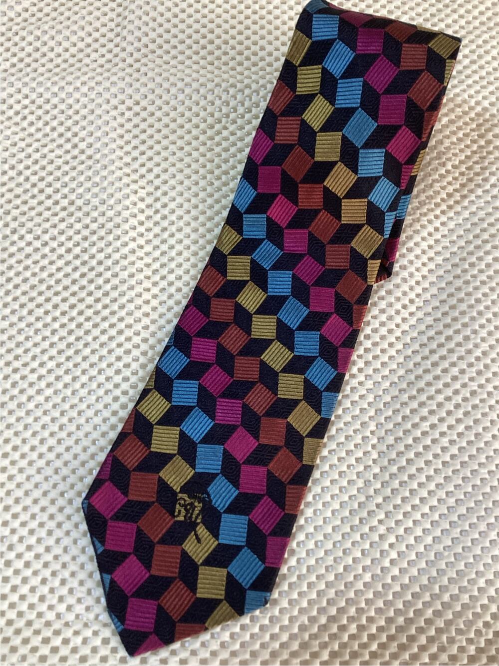 Countess Mara Men’s Silk Necktie Geo Cube Pattern Multicolor Black Designer Tie